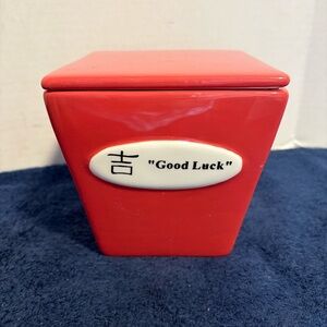 Vtg WCL 5” Ceramic Red Take Out Chinese Asian Food Takeout Box “Good Luck” Decor